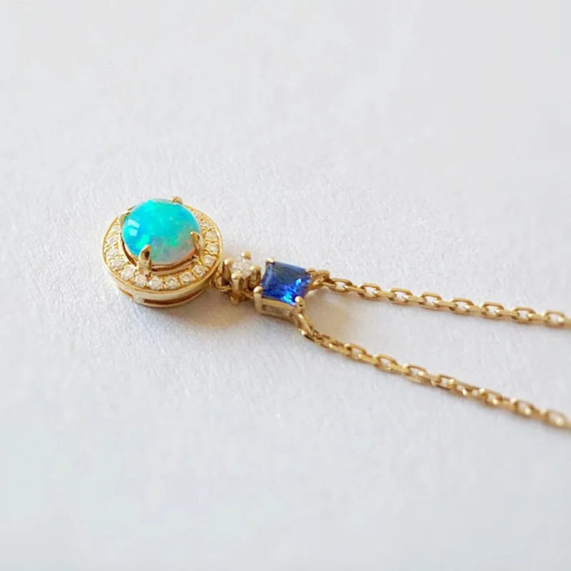 18K Gold Round Cut 0.20ct Natural Opal Sapphire Diamond Necklace 18"