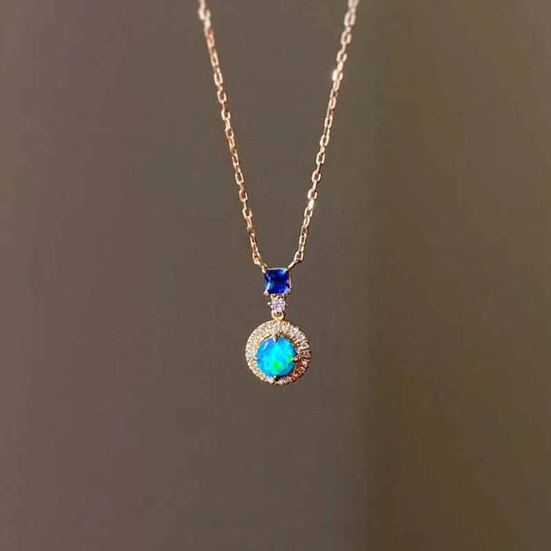 18K Gold Round Cut 0.20ct Natural Opal Sapphire Diamond Necklace 18"