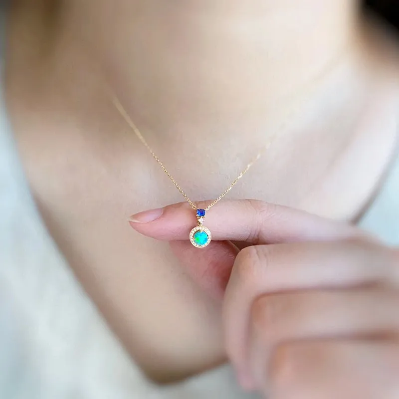 18K Gold Round Cut 0.20ct Natural Opal Sapphire Diamond Necklace 18"