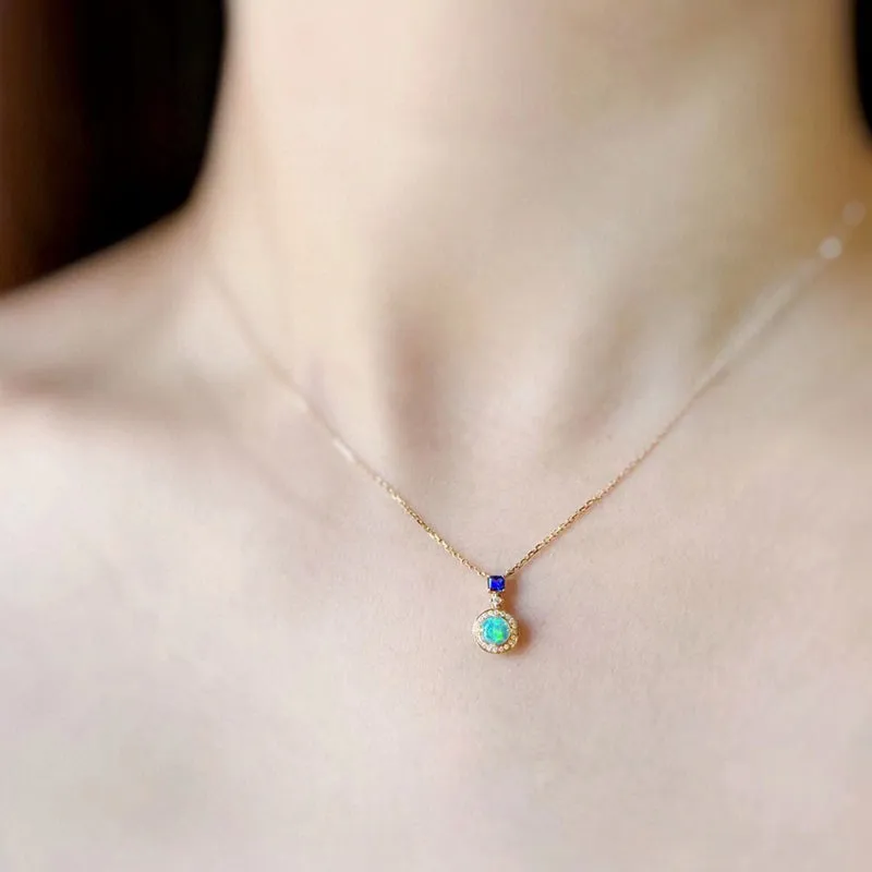 18K Gold Round Cut 0.20ct Natural Opal Sapphire Diamond Necklace 18"