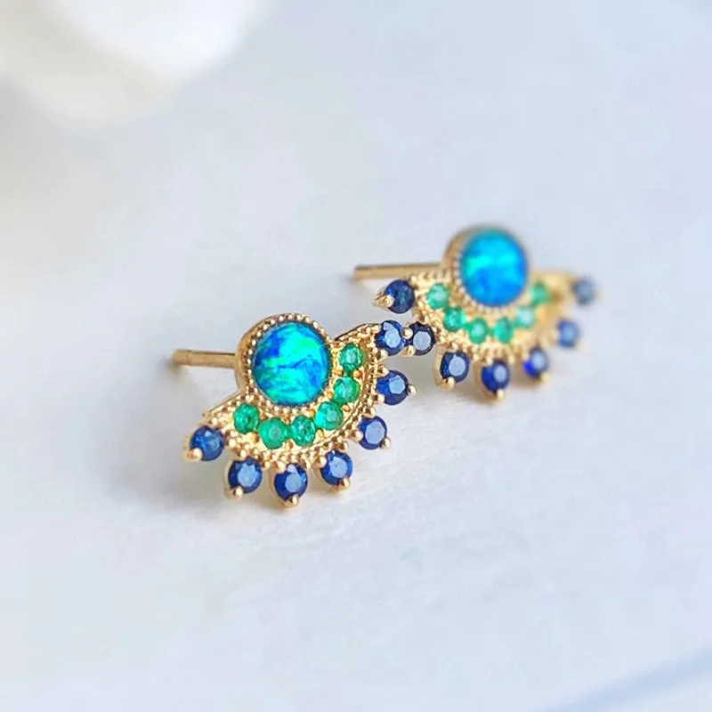 18K Gold Round Cut 0.25ct Natural Opal Sapphire Emerald Stud Earrings