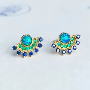 18K Gold Round Cut 0.25ct Natural Opal Sapphire Emerald Stud Earrings
