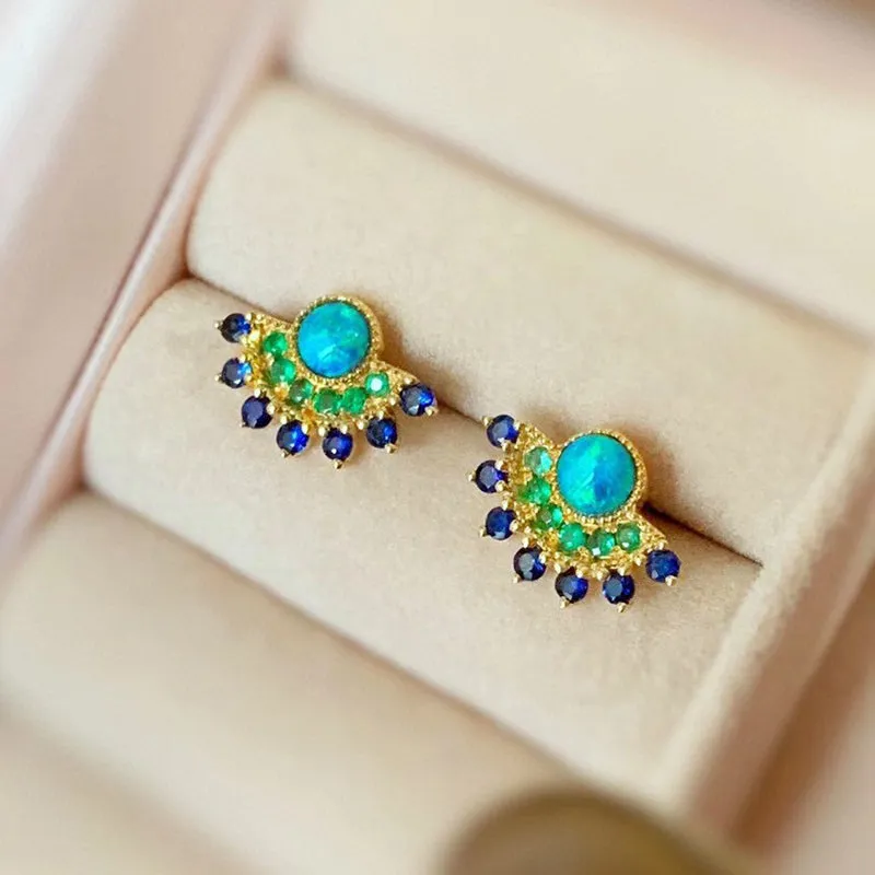 18K Gold Round Cut 0.25ct Natural Opal Sapphire Emerald Stud Earrings