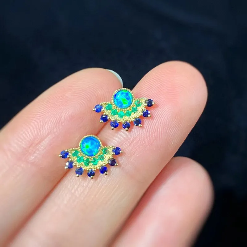 18K Gold Round Cut 0.25ct Natural Opal Sapphire Emerald Stud Earrings