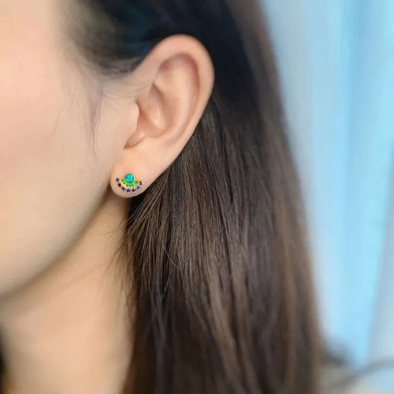 18K Gold Round Cut 0.25ct Natural Opal Sapphire Emerald Stud Earrings