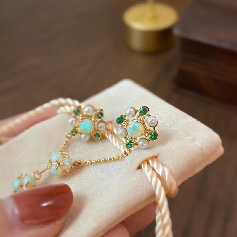 18K Gold Round Cut 1.60CTTW Natural Opal & Emerald & Akoya Drop Earrings