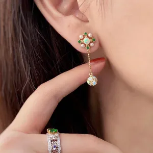 18K Gold Round Cut 1.60CTTW Natural Opal & Emerald & Akoya Drop Earrings