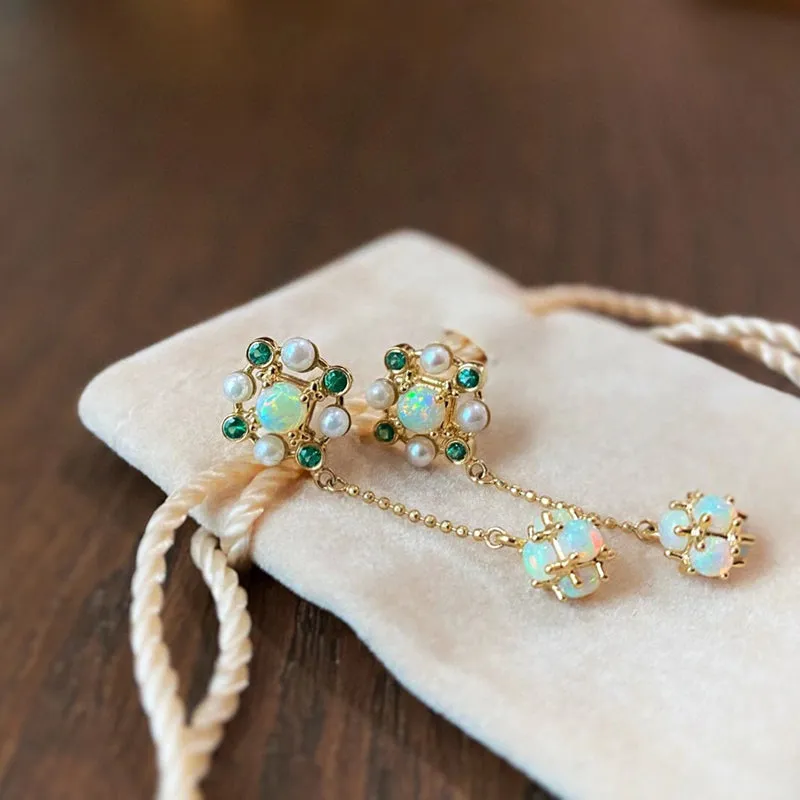 18K Gold Round Cut 1.60CTTW Natural Opal & Emerald & Akoya Drop Earrings
