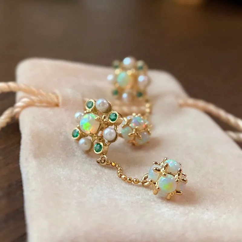 18K Gold Round Cut 1.60CTTW Natural Opal & Emerald & Akoya Drop Earrings