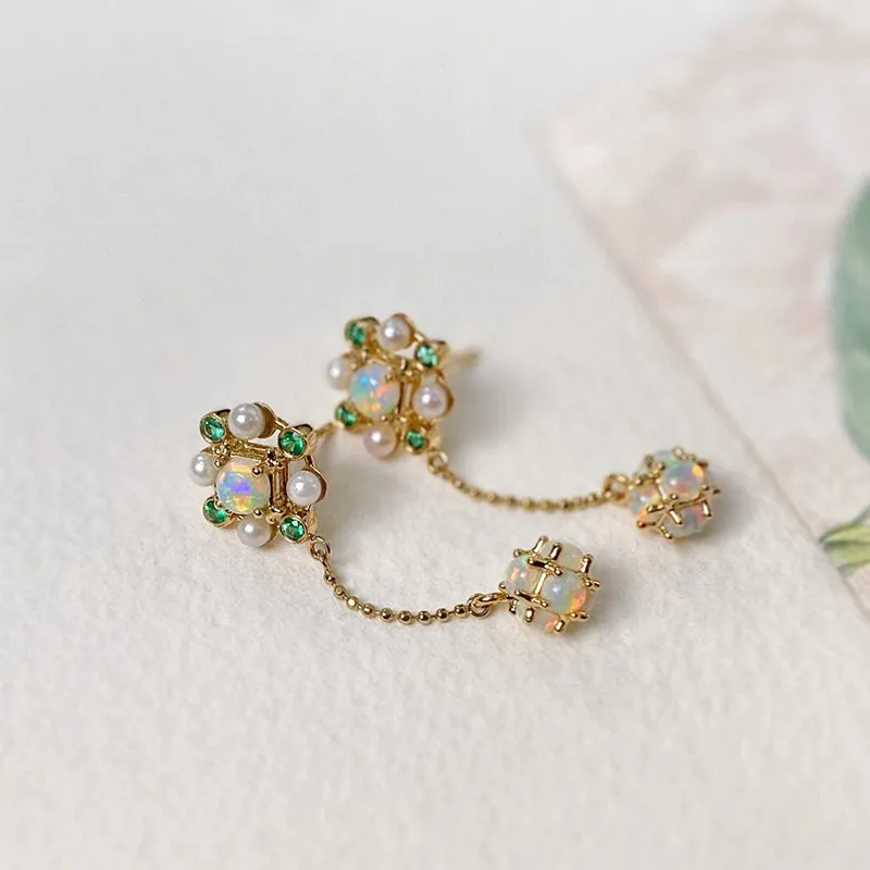 18K Gold Round Cut 1.60CTTW Natural Opal & Emerald & Akoya Drop Earrings