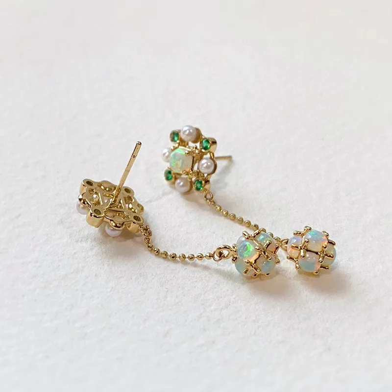 18K Gold Round Cut 1.60CTTW Natural Opal & Emerald & Akoya Drop Earrings
