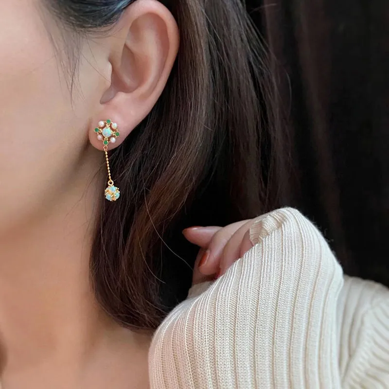 18K Gold Round Cut 1.60CTTW Natural Opal & Emerald & Akoya Drop Earrings