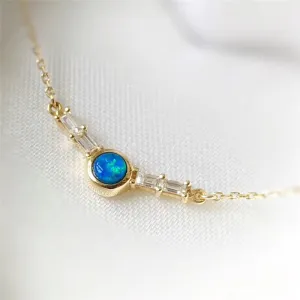 18K Gold Round Natural Diamond Opal Pendant Necklace