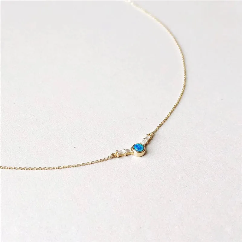 18K Gold Round Natural Diamond Opal Pendant Necklace