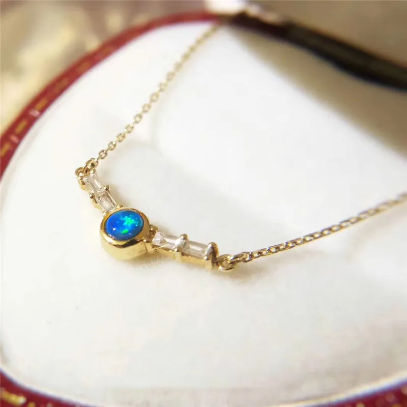 18K Gold Round Natural Diamond Opal Pendant Necklace