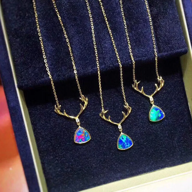 18K Gold Trillion Cut Natural Diamond Opal Antler Pendant Necklace
