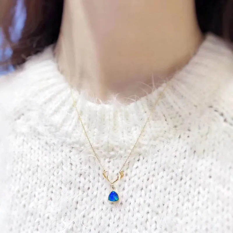 18K Gold Trillion Cut Natural Diamond Opal Antler Pendant Necklace