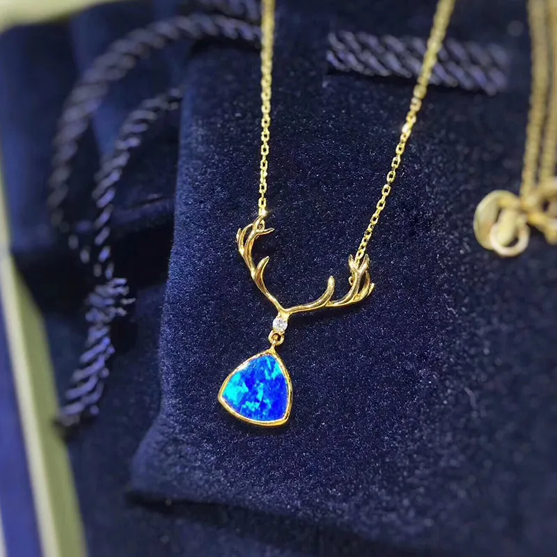 18K Gold Trillion Cut Natural Diamond Opal Antler Pendant Necklace