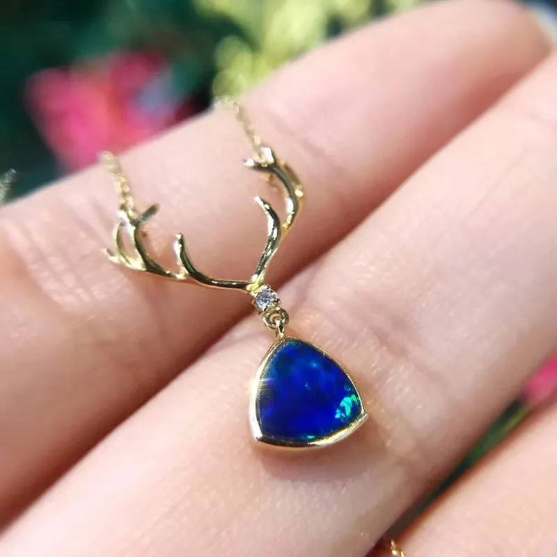 18K Gold Trillion Cut Natural Diamond Opal Antler Pendant Necklace