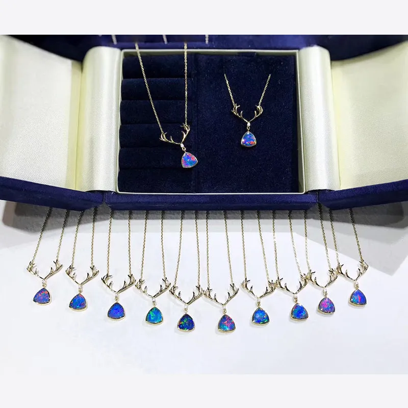 18K Gold Trillion Cut Natural Diamond Opal Antler Pendant Necklace