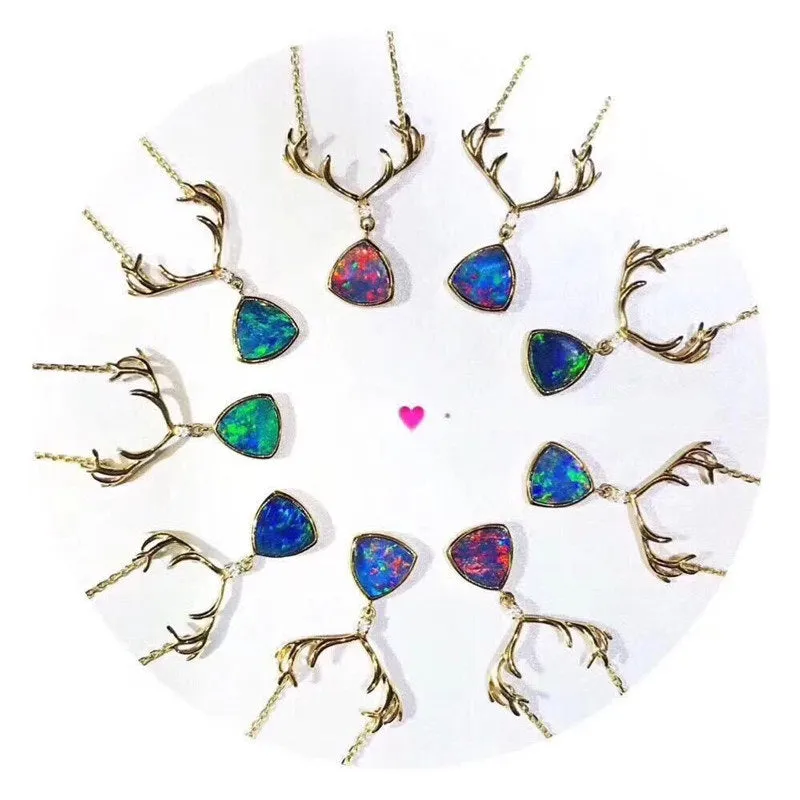 18K Gold Trillion Cut Natural Diamond Opal Antler Pendant Necklace