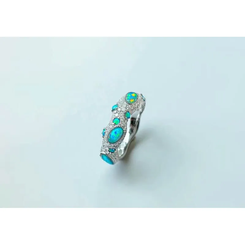 18K Marquise Cut Natural Opal Diamond 0.90ct Half Eternity Band Ring