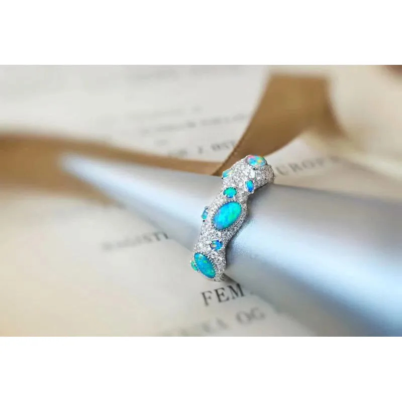18K Marquise Cut Natural Opal Diamond 0.90ct Half Eternity Band Ring