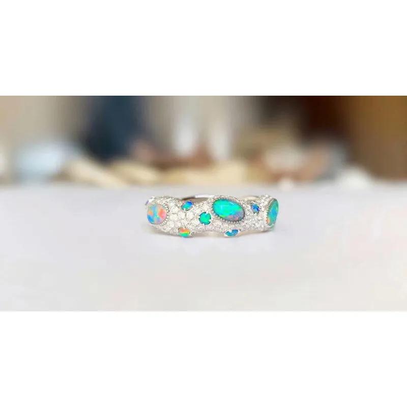 18K Marquise Cut Natural Opal Diamond 0.90ct Half Eternity Band Ring