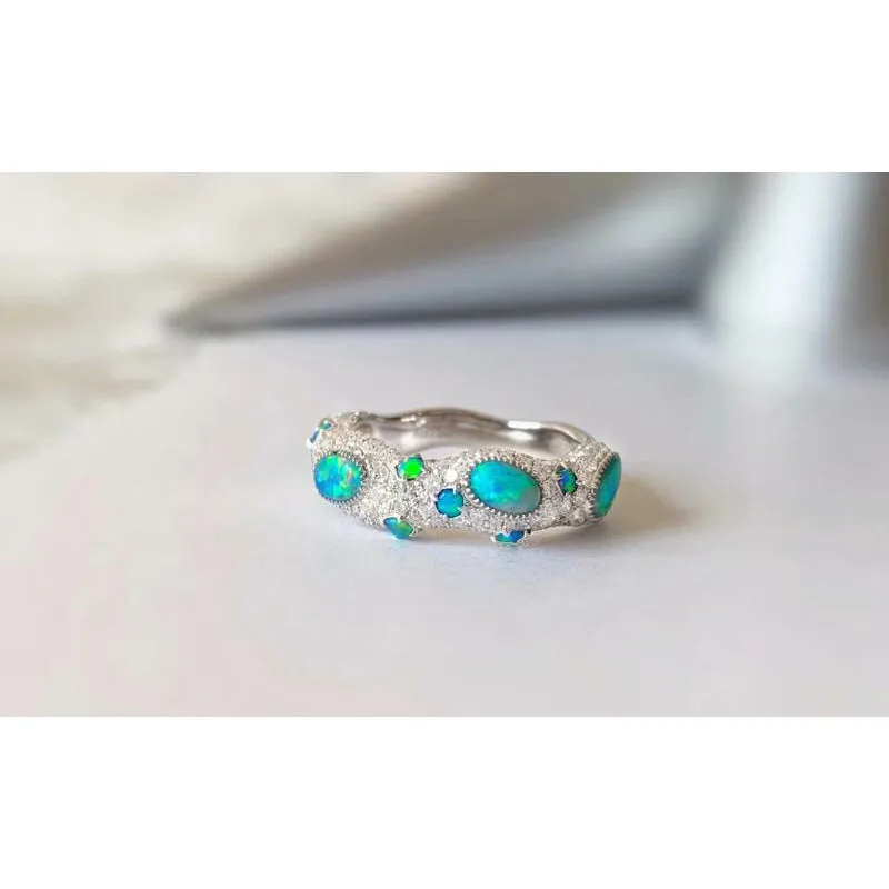 18K Marquise Cut Natural Opal Diamond 0.90ct Half Eternity Band Ring