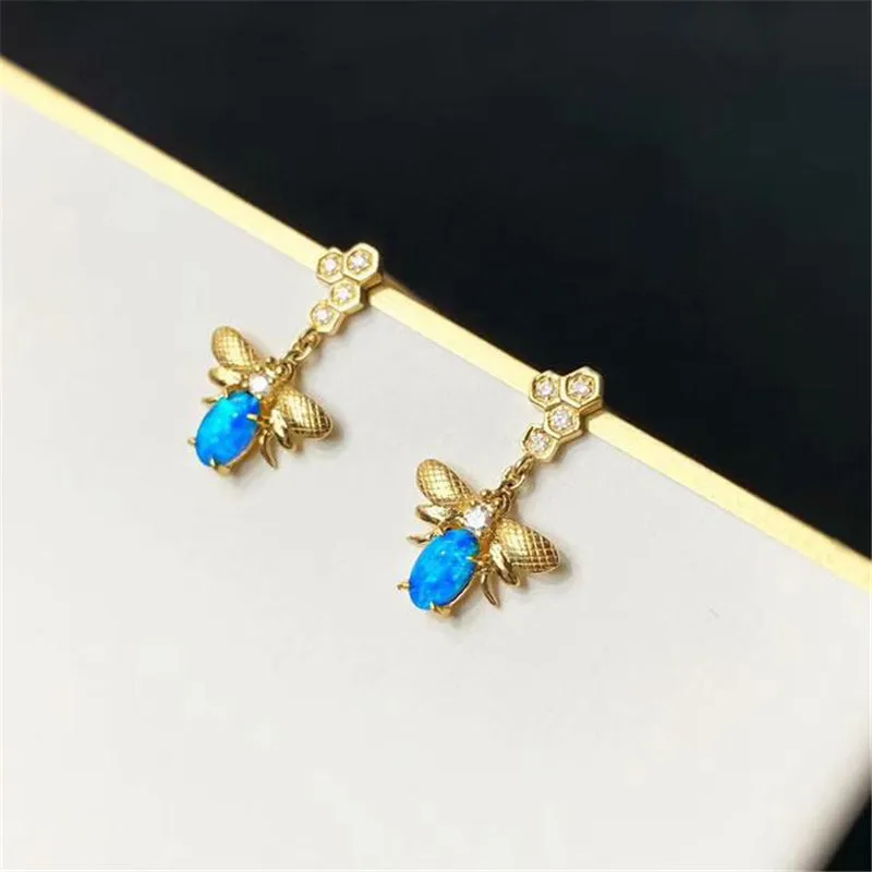 18K Oval Cut Natural Opal Diamond 16X9.6MM Bee Stud Earrings