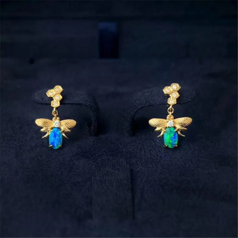 18K Oval Cut Natural Opal Diamond 16X9.6MM Bee Stud Earrings