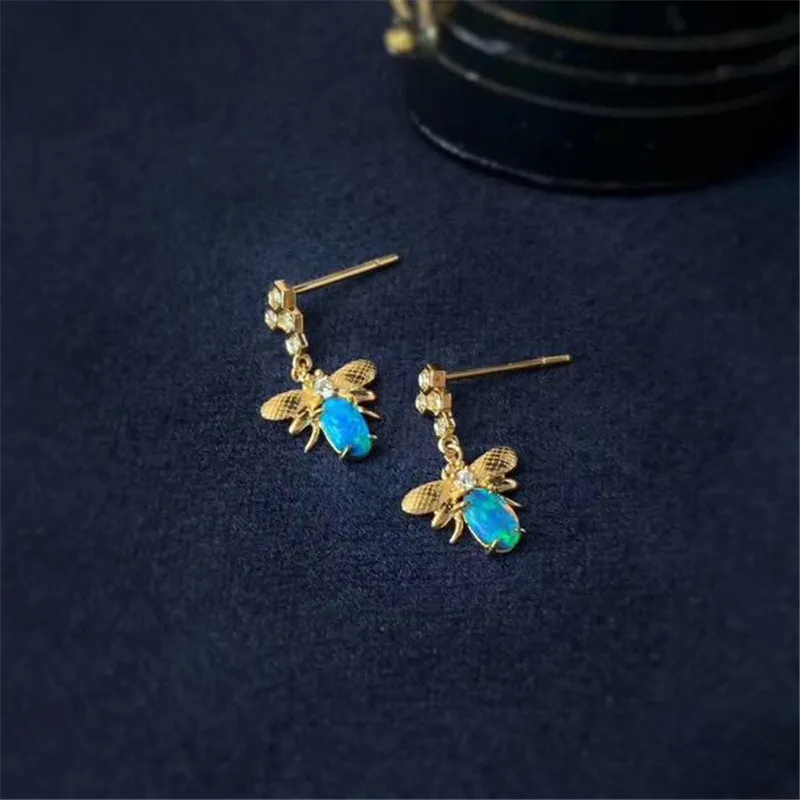 18K Oval Cut Natural Opal Diamond 16X9.6MM Bee Stud Earrings
