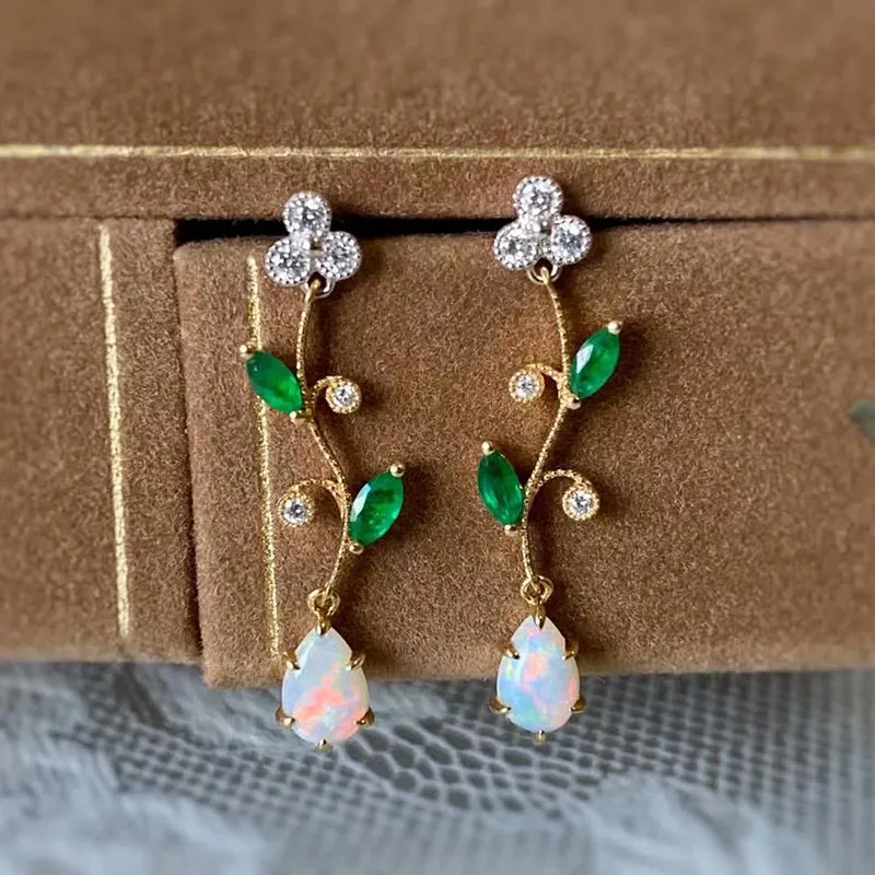 18K White & Gold 0.13ct Natural Opal Gemstone Drop Earring