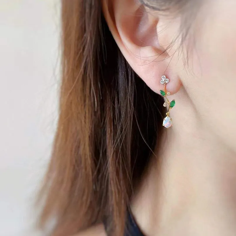 18K White & Gold 0.13ct Natural Opal Gemstone Drop Earring