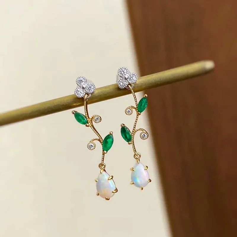 18K White & Gold 0.13ct Natural Opal Gemstone Drop Earring