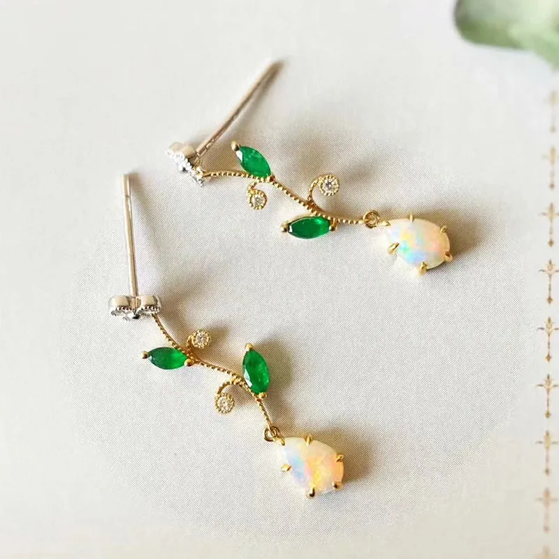 18K White & Gold 0.13ct Natural Opal Gemstone Drop Earring