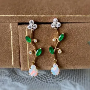 18K White & Gold 0.13ct Natural Opal Gemstone Drop Earring