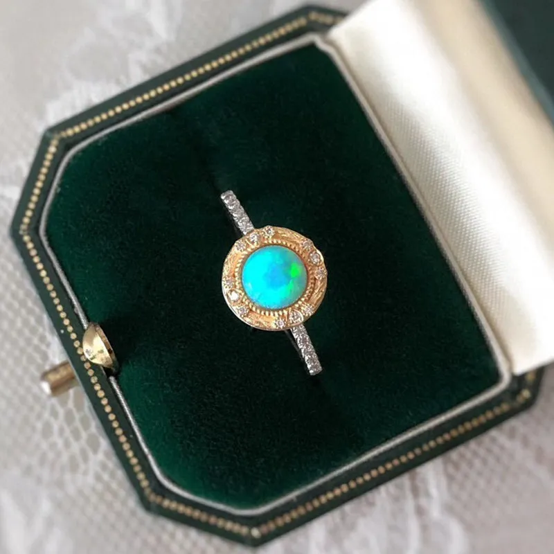 18K White & Gold 0.80ct Natural Opal Real Diamond Ring
