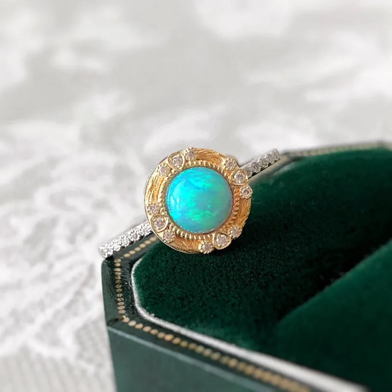 18K White & Gold 0.80ct Natural Opal Real Diamond Ring