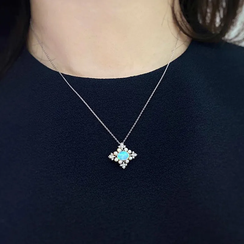 18K White & Gold Oval Cut 0.70ct Natural Opal Akoya Pearl Diamond Pendant Necklace 18"