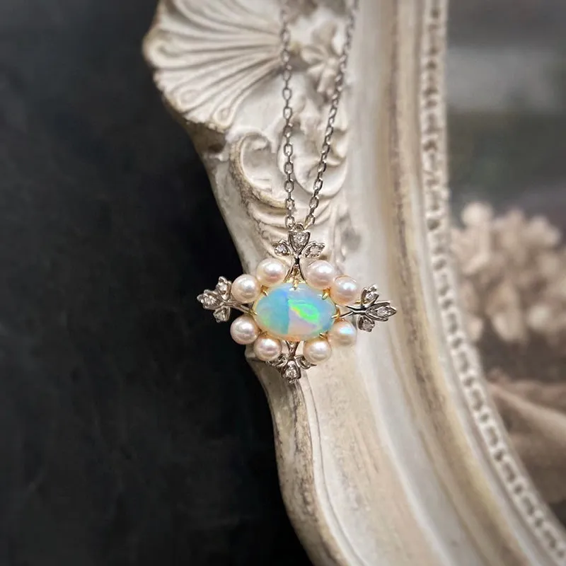 18K White & Gold Oval Cut 0.70ct Natural Opal Akoya Pearl Diamond Pendant Necklace 18"
