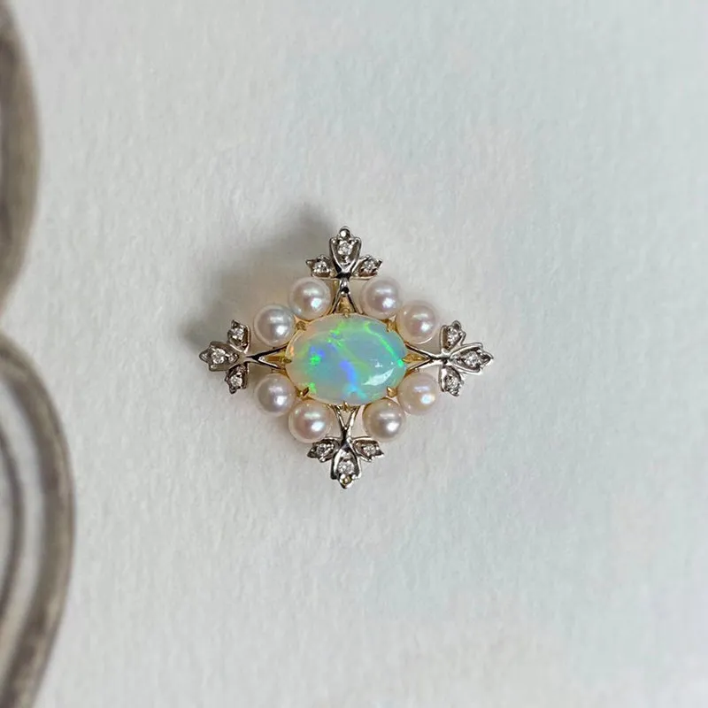 18K White & Gold Oval Cut 0.70ct Natural Opal Akoya Pearl Diamond Pendant Necklace 18"