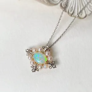 18K White & Gold Oval Cut 0.70ct Natural Opal Akoya Pearl Diamond Pendant Necklace 18"