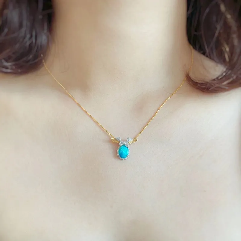 18K White & Gold Oval Cut 1.0ct Natural Opal Diamond Angel Wings Necklace