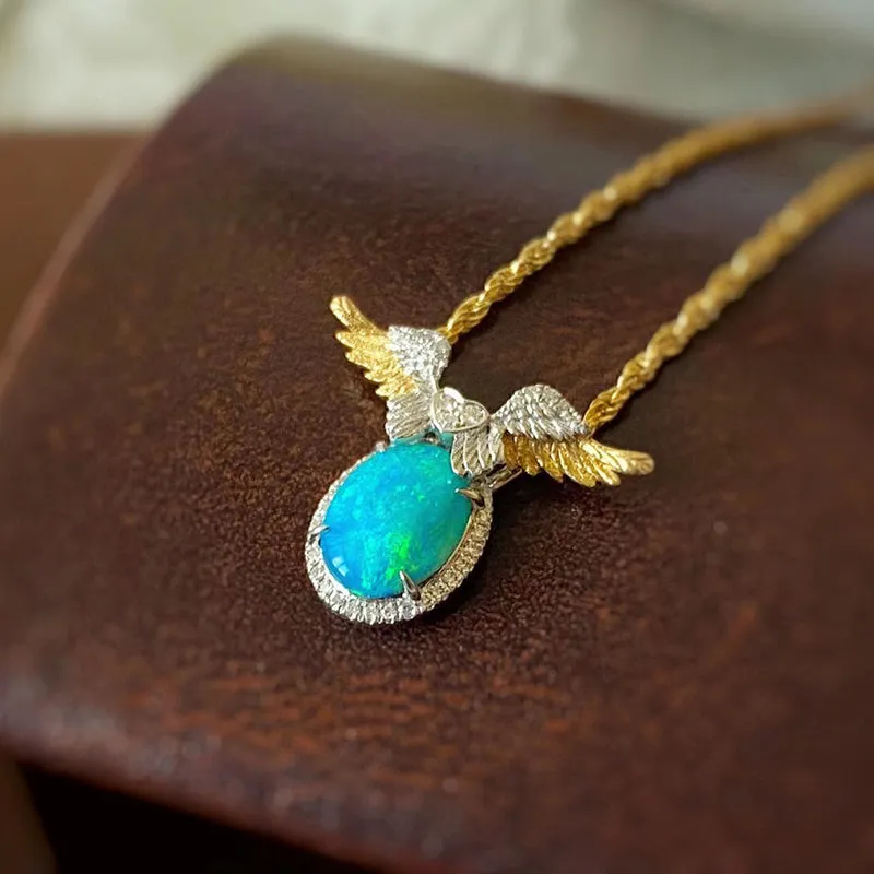 18K White & Gold Oval Cut 1.0ct Natural Opal Diamond Angel Wings Necklace