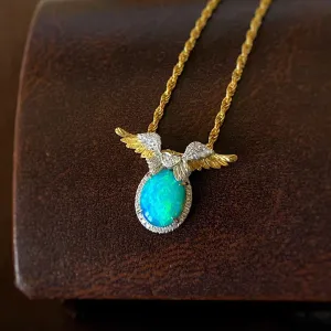 18K White & Gold Oval Cut 1.0ct Natural Opal Diamond Angel Wings Necklace