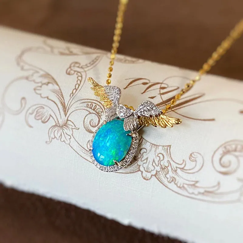18K White & Gold Oval Cut 1.0ct Natural Opal Diamond Angel Wings Necklace