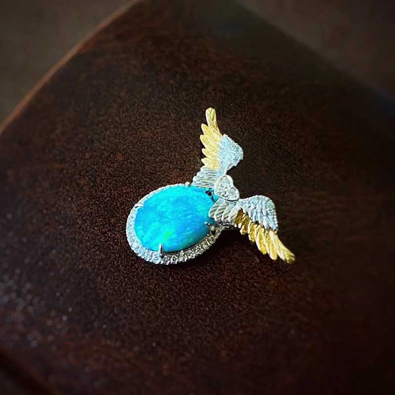 18K White & Gold Oval Cut 1.0ct Natural Opal Diamond Angel Wings Necklace