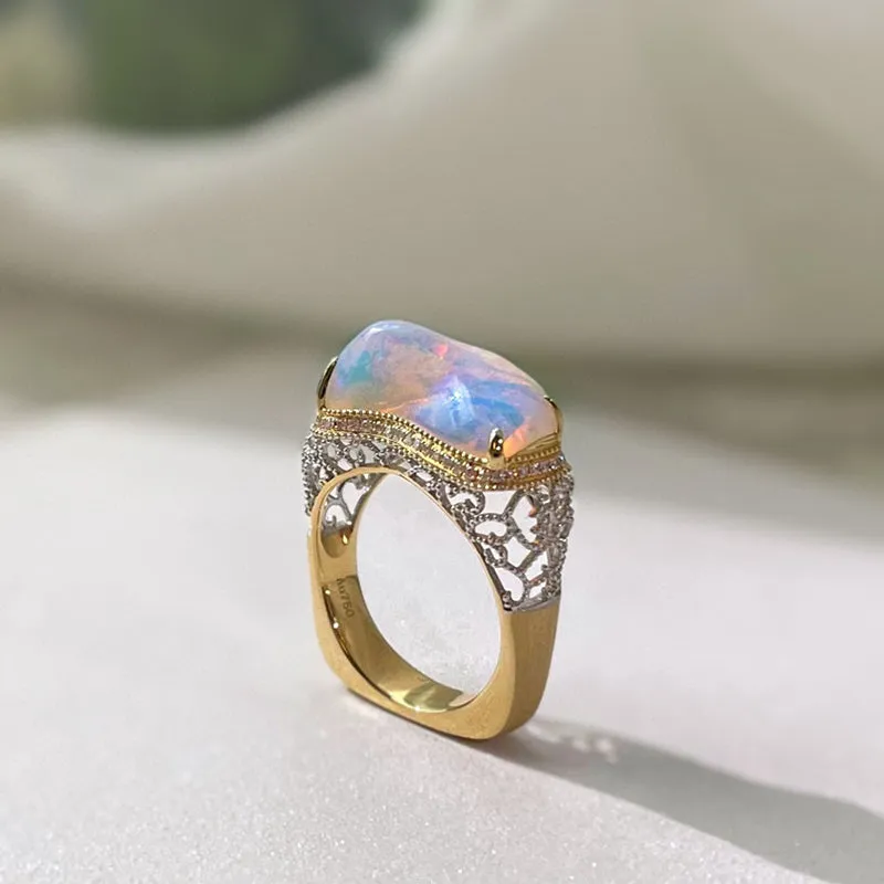 18K White & Gold Unusual Shape 3.5ct Natural Opal Diamond Luxury Ring