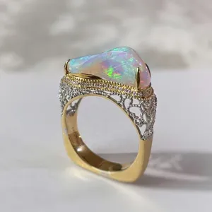 18K White & Gold Unusual Shape 3.5ct Natural Opal Diamond Luxury Ring